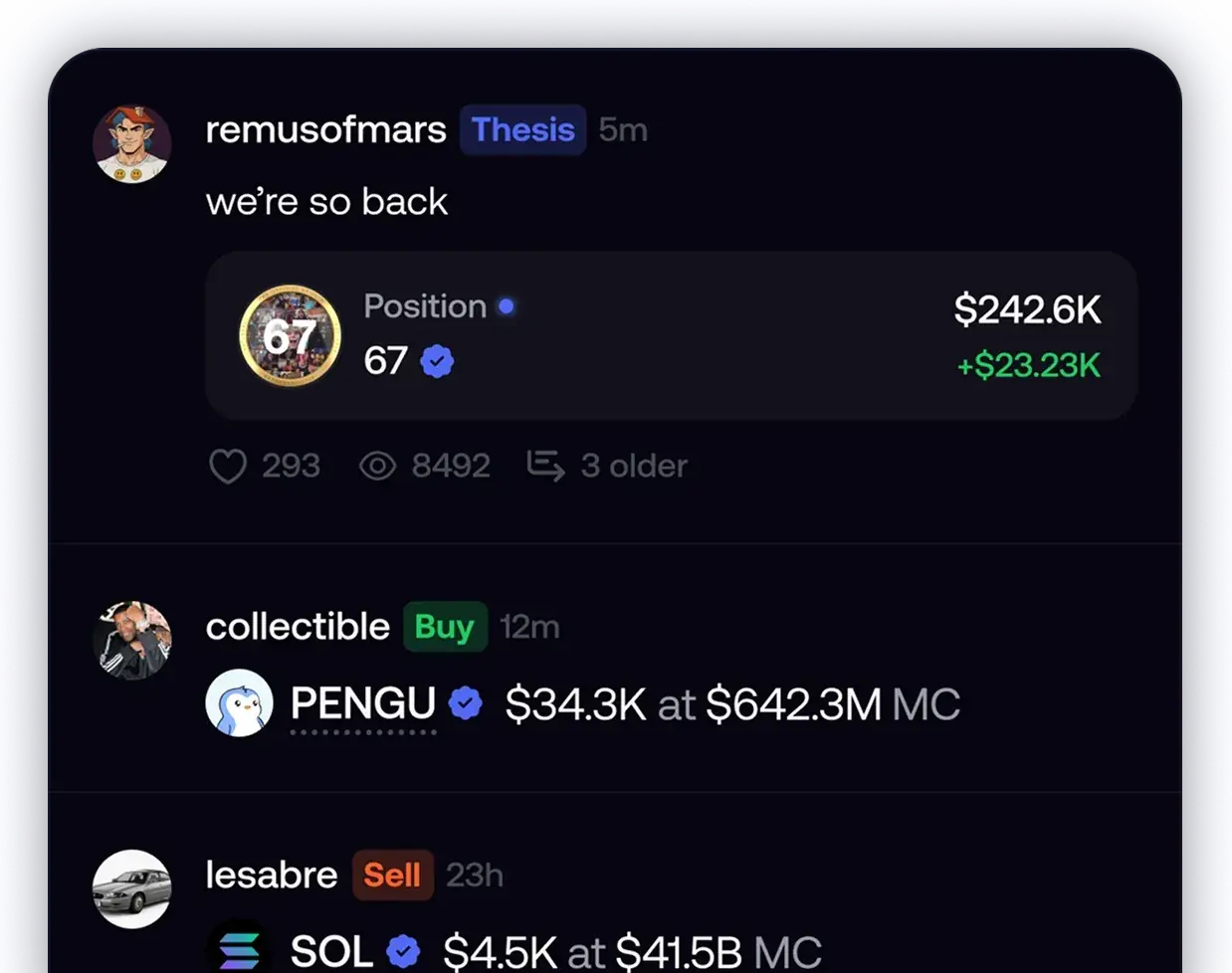 fomo feed showing a trader's thesis post with an attached position and buy/sell activity