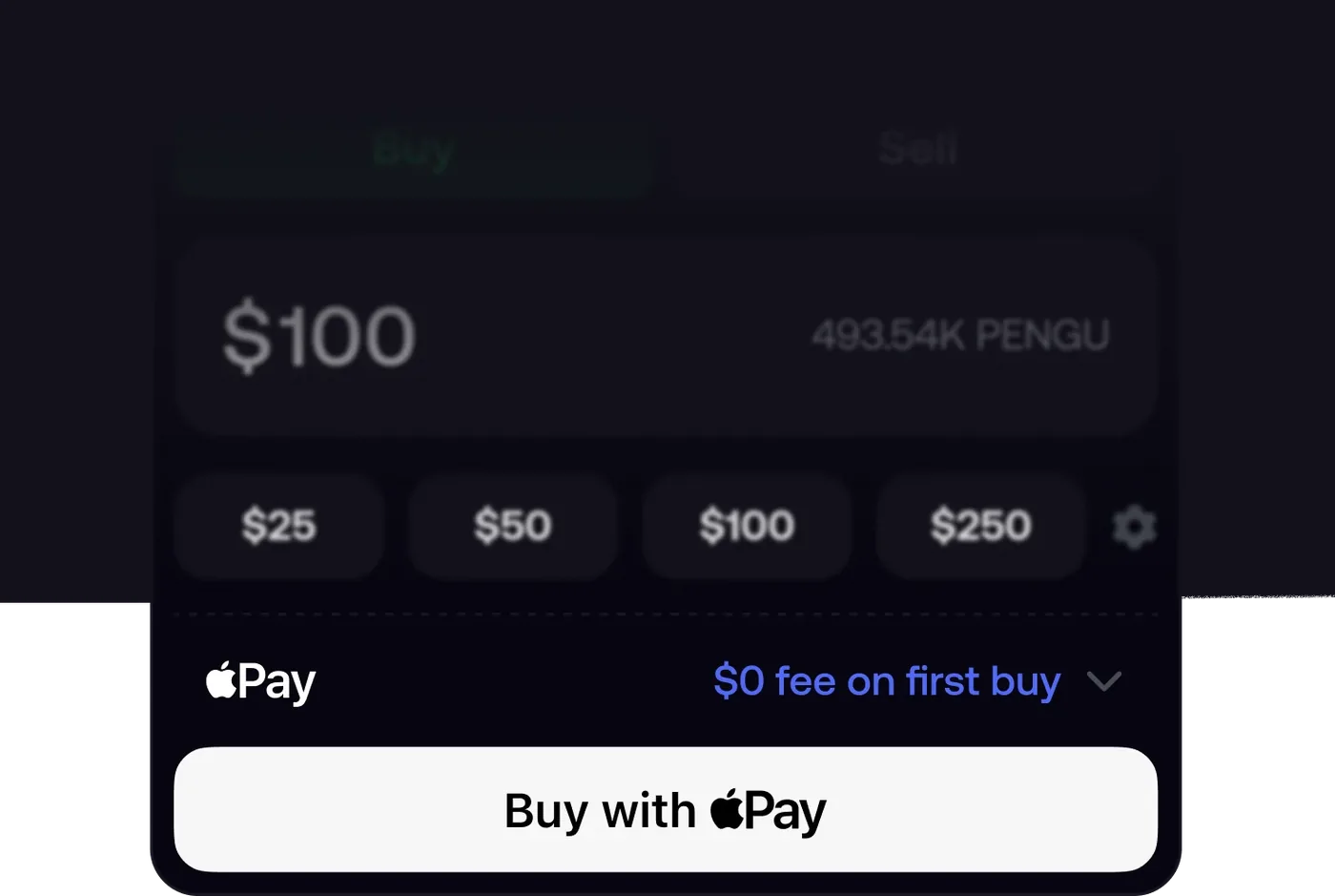 fomo buy screen showing a $100 amount and a Buy with Apple Pay button